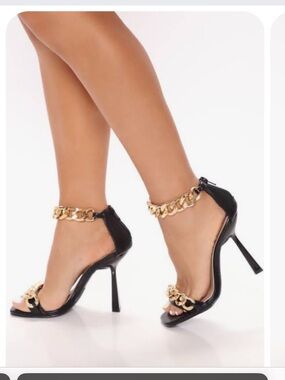 New with tags. Fashion Nova Black Stiletto Heels with Gold Chain Detail